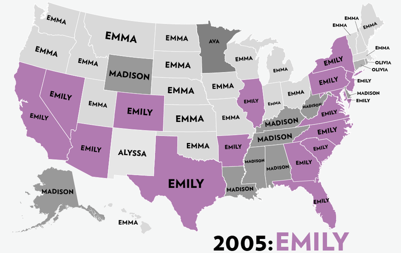Illustration for article titled Map: Six Decades of the Most Popular Names for Girls, State-by-State